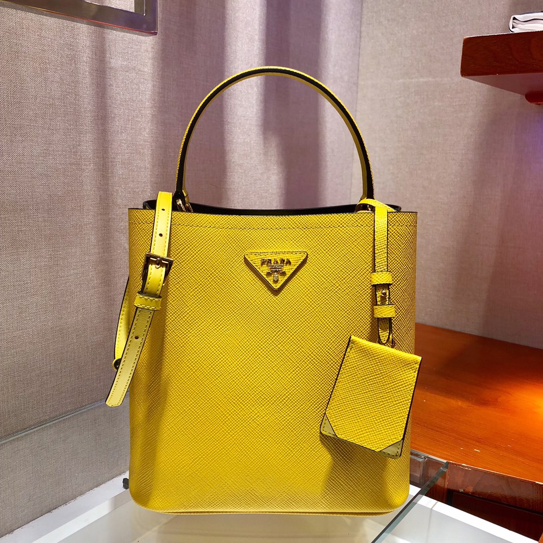 Prada Medium Panier Saffiano Leather Bag Lemon Yellow/Black 1BA212